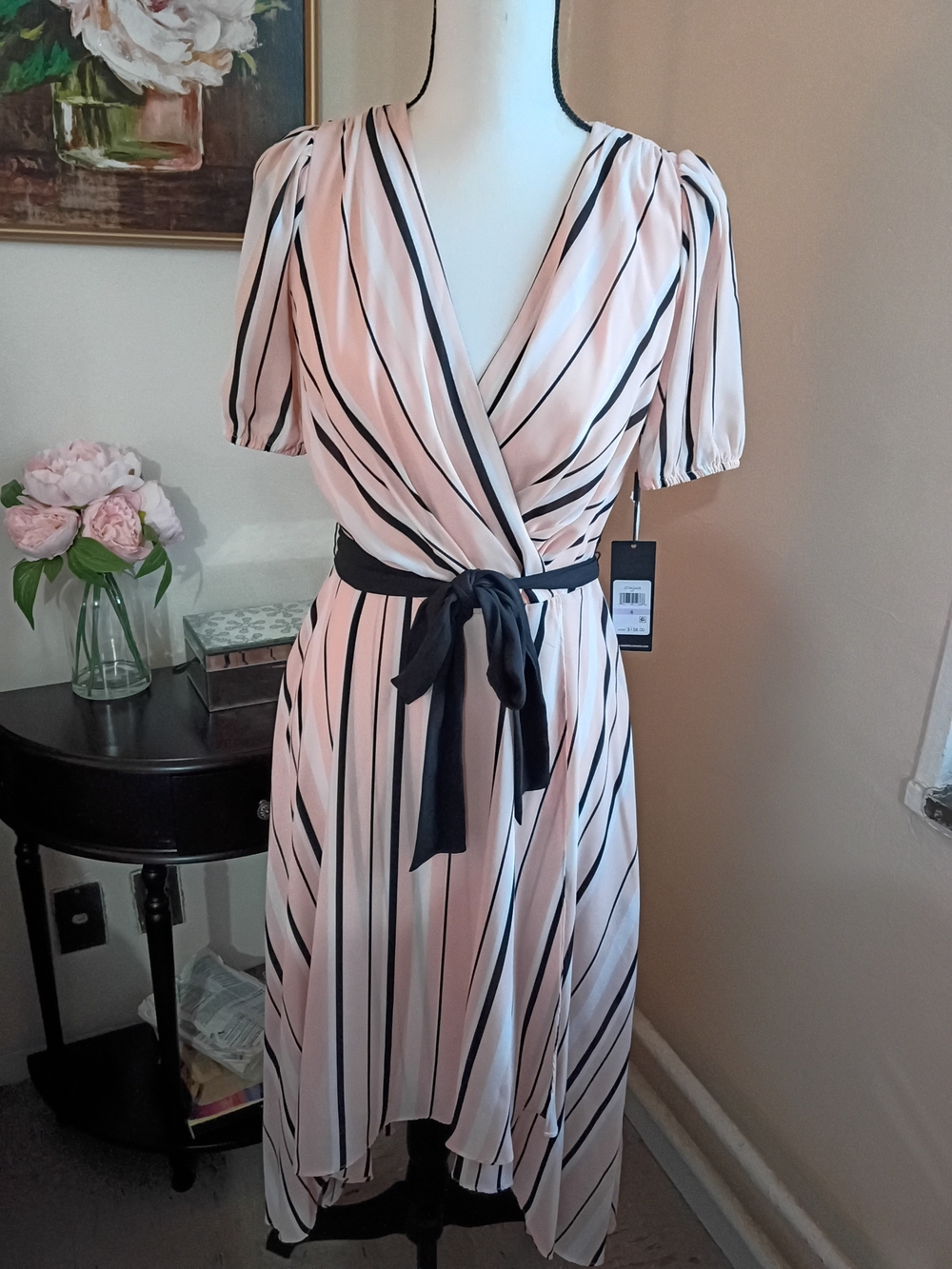 Karl Lagerfeld Blush Pink and Black Striped High-Low Wrap Dress Size 6